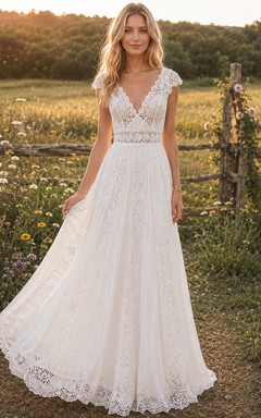 Boho V-Neck Lace Bodice A-Line Country Wedding Dress