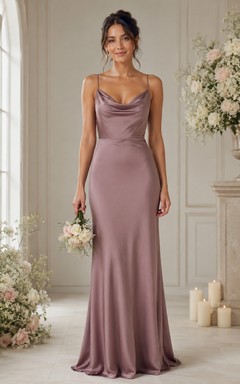 Mauve Satin Sheath Cowl Neck Bridesmaid Dress