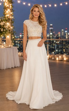 Beaded Keyhole Crop Top Chiffon Evening Reception Bridal Set