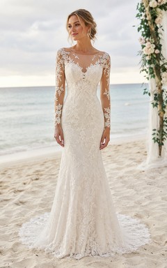 Long Sleeve Lace Mermaid Wedding Dress with Illusion Neckline and Chapel Train
