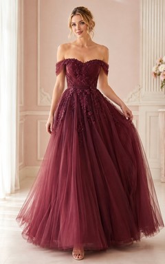 Burgundy Off-Shoulder Lace Applique Tulle Ball Gown Floor-Length Romantic Dress