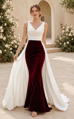 Burgunderfarbenes, fließendes Brautkleid in A-Linie mit Wasserfallausschnitt, ärmellos und Schleppe, modern und elegant