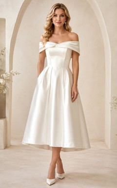 Teelanges schulterfreies A-Linien-Cocktailkleid aus elfenbeinfarbenem Satin in A-Linie