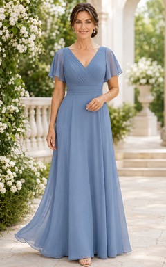 Stahlblaues Chiffon-Kleid in A-Linie mit V-Ausschnitt und Volantärmeln