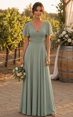 Sage V-neck Short Sleeve A-Line Chiffon Bridesmaid Dress