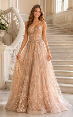 Rose Gold Lace Long Sleeve A-Line Sweep Train Prom Gown