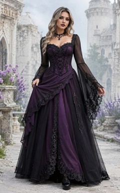 Purple Bohemian Long Sleeve Lace Sweetheart A-Line Floor-length Romantic Gothic Dress