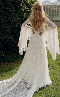Robe de mariée bohème en dentelle à manches poétiques et épaules dénudées, style empire champêtre