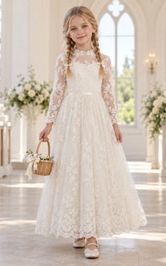 Vestido de niña de flores de cuello alto, manga larga, discreto, color marfil, con estampado floral, corte en A y encaje, largo hasta los tobillos.