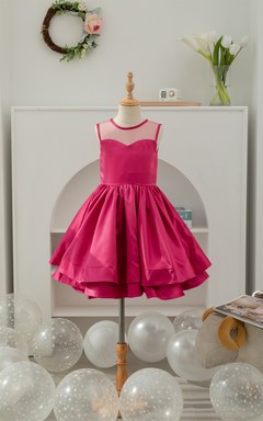 A-line Short Satin Layered Fuchsia Flowergirl Dress