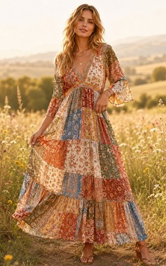 Robe maxi bohème à imprimé patchwork terre, col en V et manches cloche