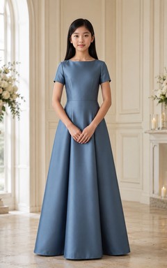 Vestido de dama de honor juvenil azul pizarra, corte en A, manga corta color joya, satén elegante.