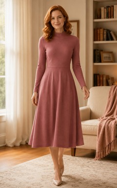Dusty Rose Jewel Neck Long Sleeve Knit Midi Dress