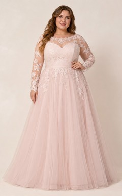 Blush Plus Size High Neck Lace Sleeve A-Line Bridal Gown