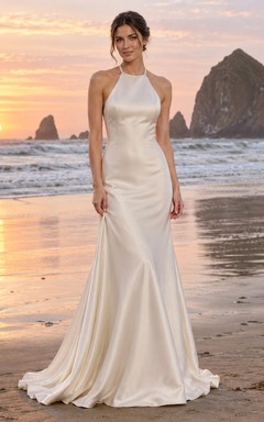 Simple Halter Mermaid Sleeveless Smooth Charmeuse Floor Length Wedding Dress