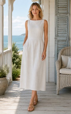 Vestido de invitada de boda blanco de gasa, corte en A, escote barco, sin mangas, largo midi.
