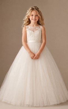 Lace Bodice Ball Gown Tulle A-Line Flower Girl Dress with Jewel Neck and Floor-Length Skirt