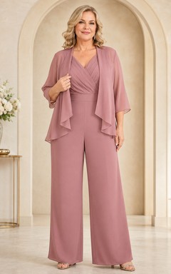 Mother Dusty Rose Chiffon Jumpsuit with V-Neck Wrap Bodice and Cape Jacket