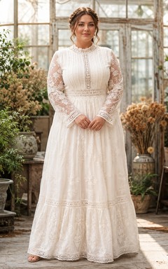Plus Size Boho High Neck Long Lace Sleeve A-Line Floor-Length Wedding Dress