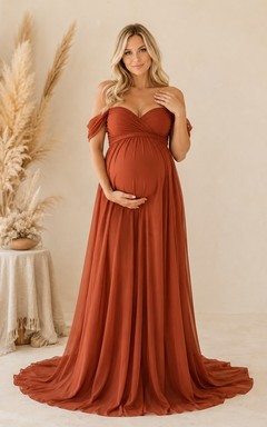 Rostfarbenes Chiffon-Kleid mit Carmen-Ausschnitt, kurzen Ärmeln, A-Linien-Schnitt, bodenlang, Umstandsmode im Empire-Stil, romantischer Gartenstil, elegant