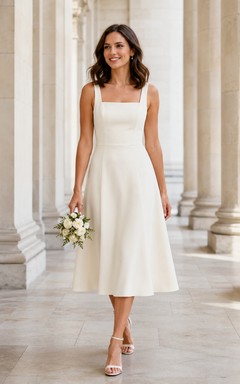Simple Square Neck Satin Wedding A Line Strap Midi Elopement Dress