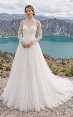 Langärmeliges, mit Strass besetztes Brautkleid aus Tüll mit Herzausschnitt, transparentem Oberteil und kurzer Schleppe