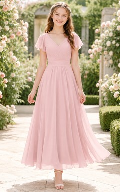 Romantisches, rosafarbenes Brautjungfernkleid für junge Frauen, A-Linie, V-Ausschnitt, kurze Ärmel, Teelänge, Chiffon
