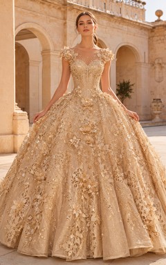 Champagne Modest Jewel Cap Sleeve Sculpted Floral Quinceanera Princess Formal Ball Gown