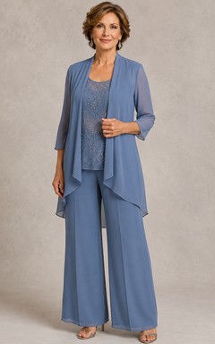 Jumpsuit, knöchellang, Rundhalsausschnitt, 3/4-Ärmel, Chiffon, Mutter-Jumpsuit mit Jacke