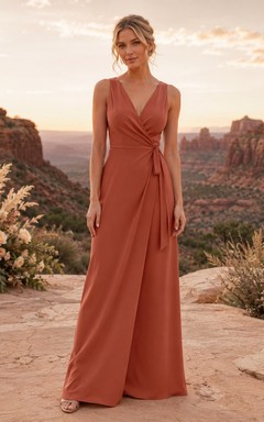 Terracotta sleeveless wrap chiffon floor length bridesmaid dress