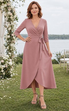 Altrosafarbenes Wickelkleid mit Dreiviertelärmeln, Midi-Länge, Gästekleid