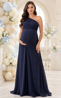Maternity One Shoulder Navy Sheath Elegant Floor Length Evening Dress