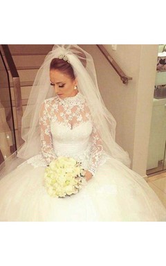 Vestido de novia de encaje con cuello alto, corte en A, estilo princesa modesta, apliques y mangas largas