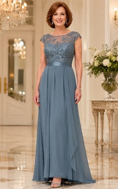 Stahlblaues Chiffon-Kleid mit kurzen Ärmeln und A-Linien-Schnitt, bodenlang, aus Spitze