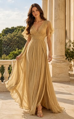 Gold Chiffon V-Neck Flutter Sleeve A-Line Floor-Length Pleated Romantic Evening Dress