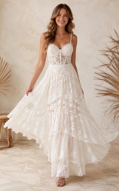 Vestido de novia bohemio de tirantes finos, escote corazón, encaje, corte A con volantes asimétricos