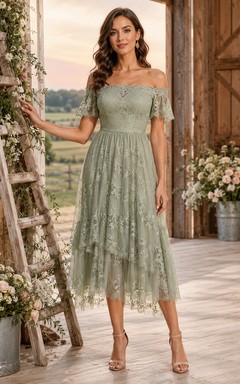 Sage off shoulder lace A-line tea length guest dress