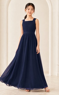 Dunkelblaues Brautjungfernkleid für junge Mädchen, A-Linie, ärmellos, Chiffon-Oberteil mit Falten, elegant