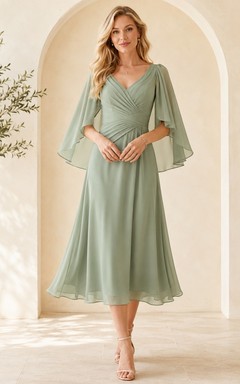 Olive Green V-Neck Bell Sleeve Midi A-Line Formal Dress