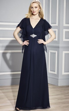 Brautmutterkleid aus Chiffon mit V-Ausschnitt, Poetenärmeln und Schmuckbesatz sowie Drapierung