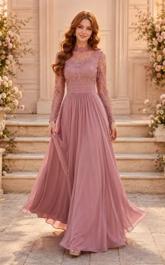 Robe de soirée trapèze en dentelle mauve, coupe bateau.