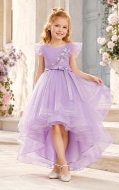 High Low Tulle A-Line Flower Girl Dress with Jewel Neck and Bow Detail