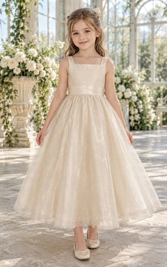 Square Neck Champagne Sleeveless Sash Shimmering Organza A-line Flower Girl Dress