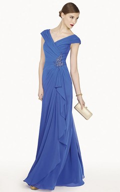 Langes Chiffon-Abendkleid mit V-Ausschnitt, kurzen Ärmeln und Rüschen in A-Linie