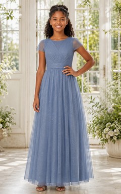 Vestido de dama de honor juvenil azul pizarra, corte en A, escote en V, manga corta, tul, detalle de lentejuelas, elegante.
