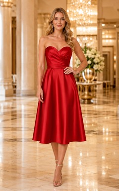 Red satin strapless sweetheart A-line charity midi dress