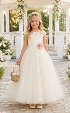 Flower Girl Dress Ivory Lace Tulle A-Line Short Sleeve Scoop Neck Tea Length