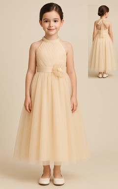 Jewel-neck Champagne Sleeveless Tulle Flowergirl Dress