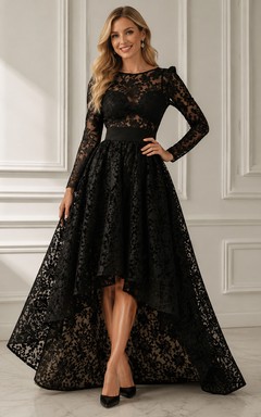 Dramatic Black Damask Lace High-Low Prom Gown