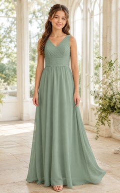Vestido de dama de honor juvenil verde celadón, corte en A, escote en V, sin mangas, sencillo y formal